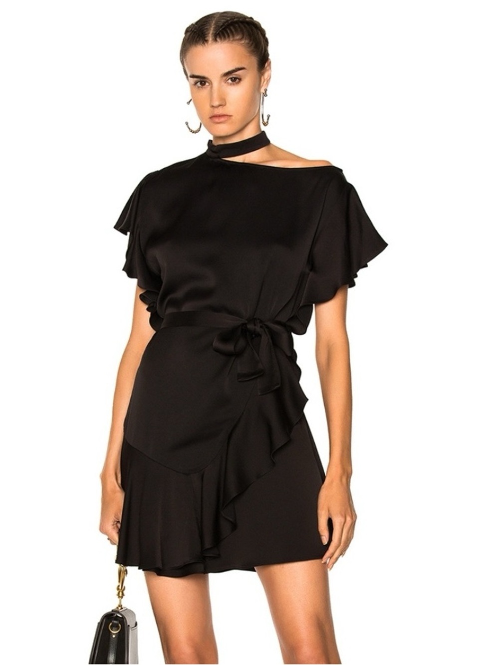 Marissa Webb Black Asymmetrical Ruffle Mock Neck Mini Dress Size Medium
